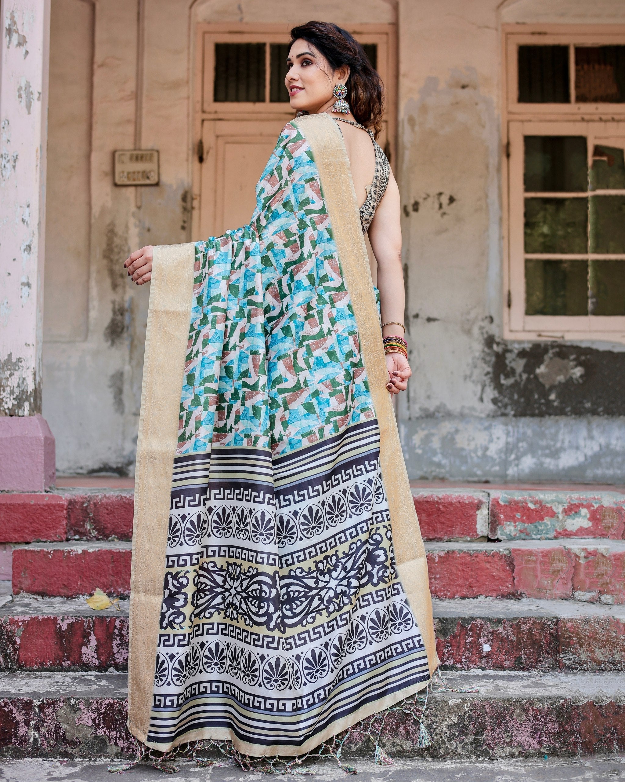Light Blue & Green Floral Printed Cotton Silk Saree