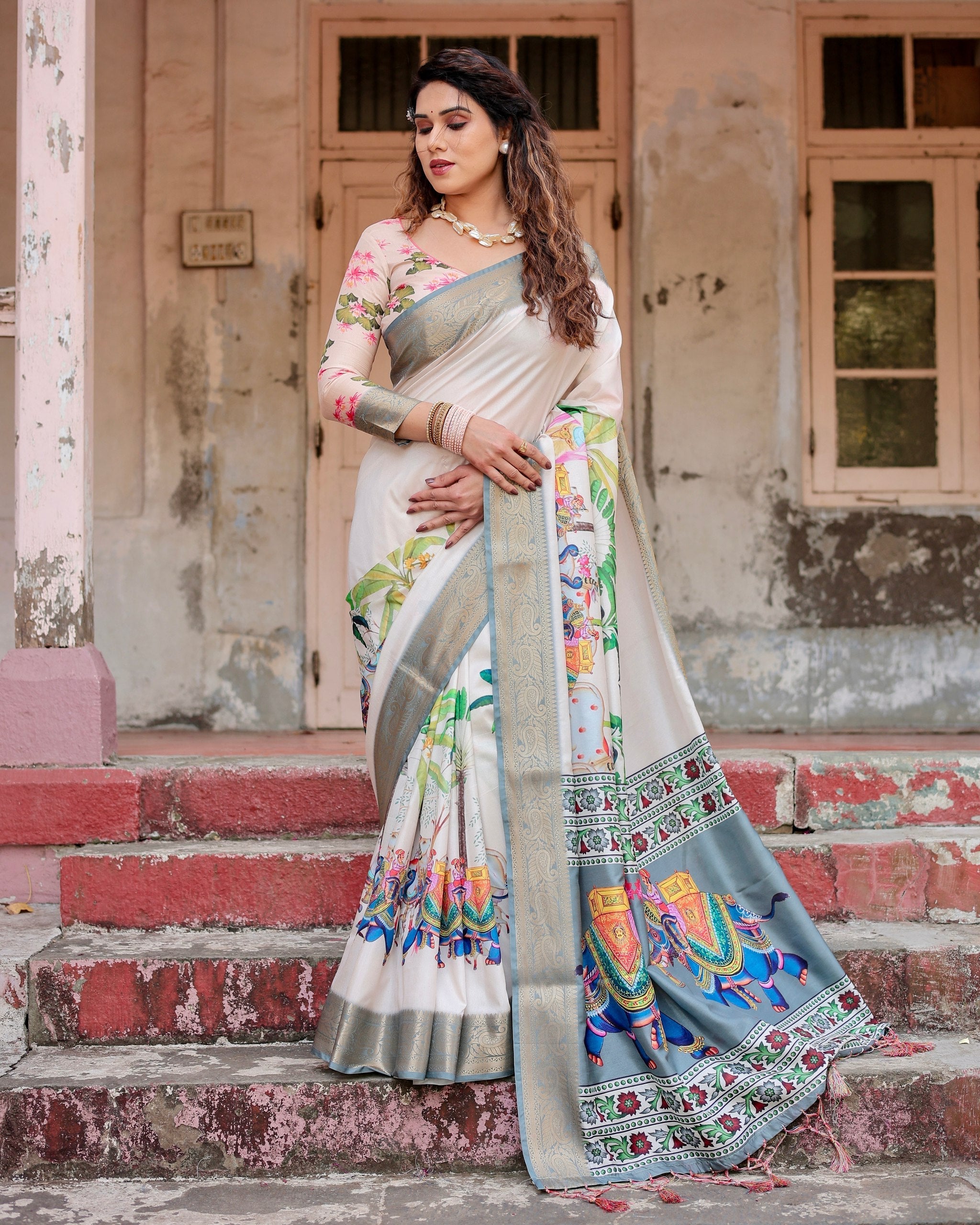 Cream & Multi Colour Floral Printed Cotton Silk Saree