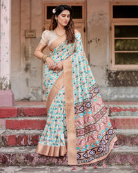 Beige & Arctic Blue Floral Printed Cotton Silk Saree
