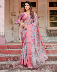 Grey & Pink Flower Floral Printed Cotton Silk Saree
