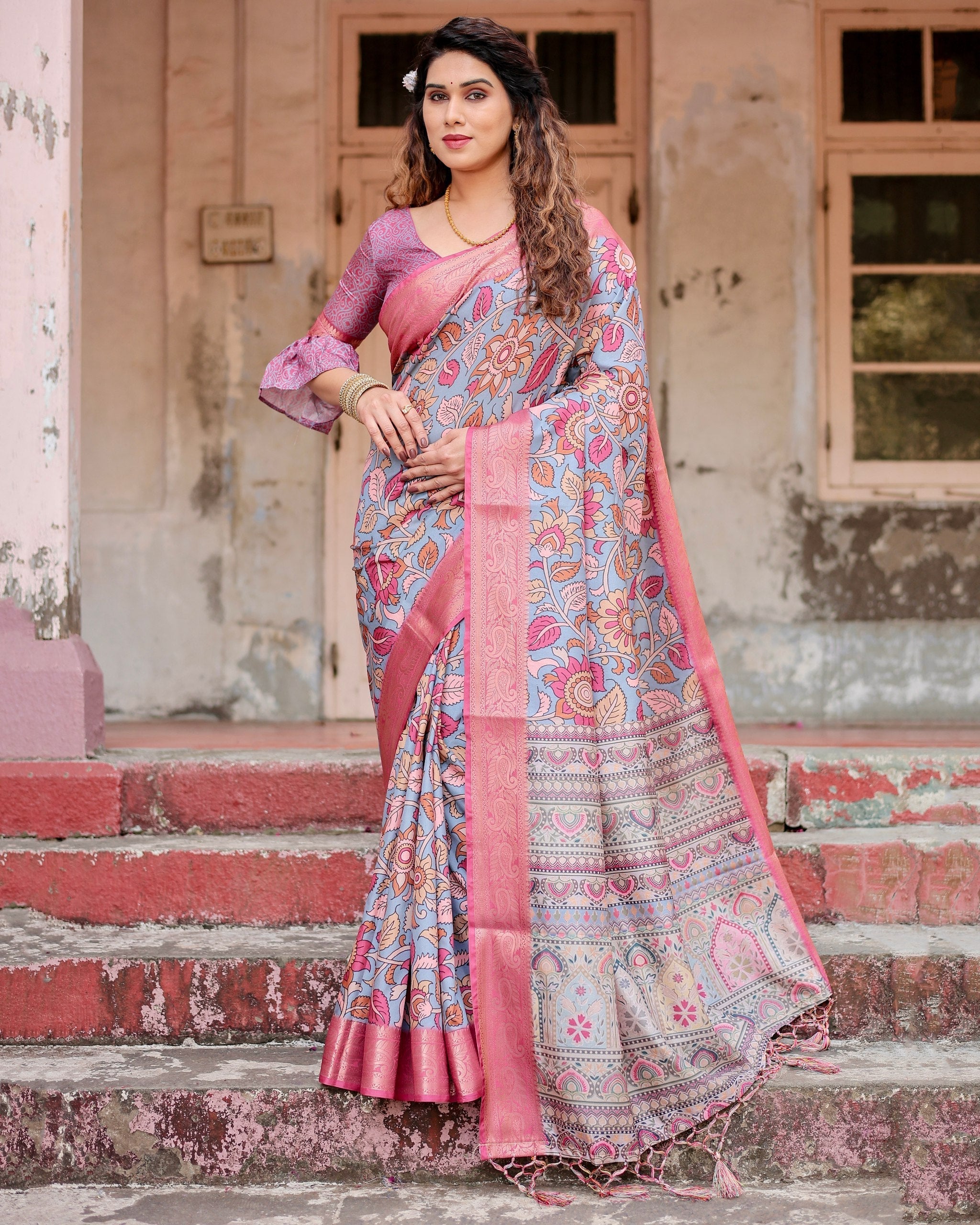 Grey & Pink Flower Floral Printed Cotton Silk Saree