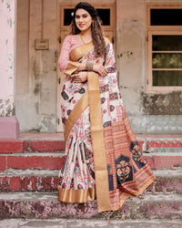 Cream & Light Brown Floral Printed Cotton Silk Saree