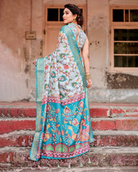Baby Blue Floral Printed Cotton Silk Saree