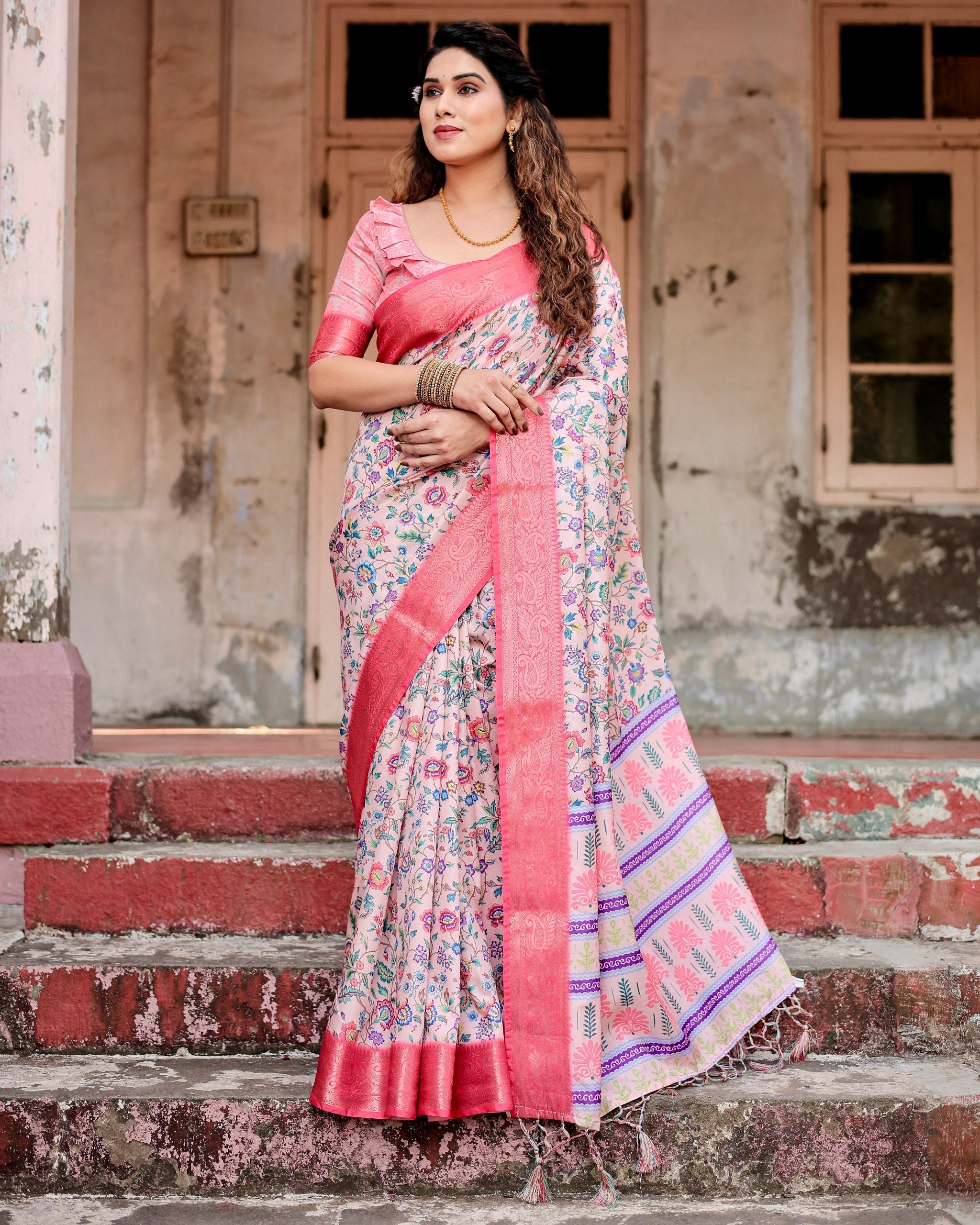 Light Pink Floral Printed Cotton Silk Saree