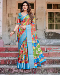 Red & Sky Blue Floral Printed Cotton Silk Saree