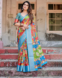 Red & Sky Blue Floral Printed Cotton Silk Saree