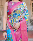 Sky Blue & Pink Floral Printed Cotton Silk Saree