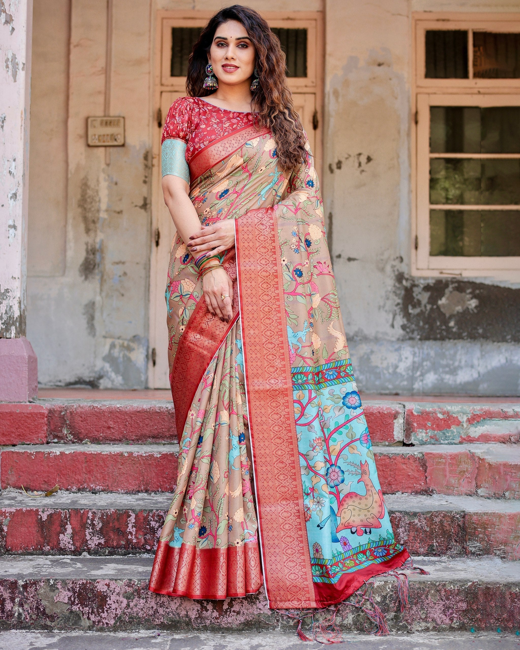 Apricot Beige Floral Printed Cotton Silk Saree