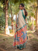 Pine Green & Beige Floral Printed Cotton Silk Saree