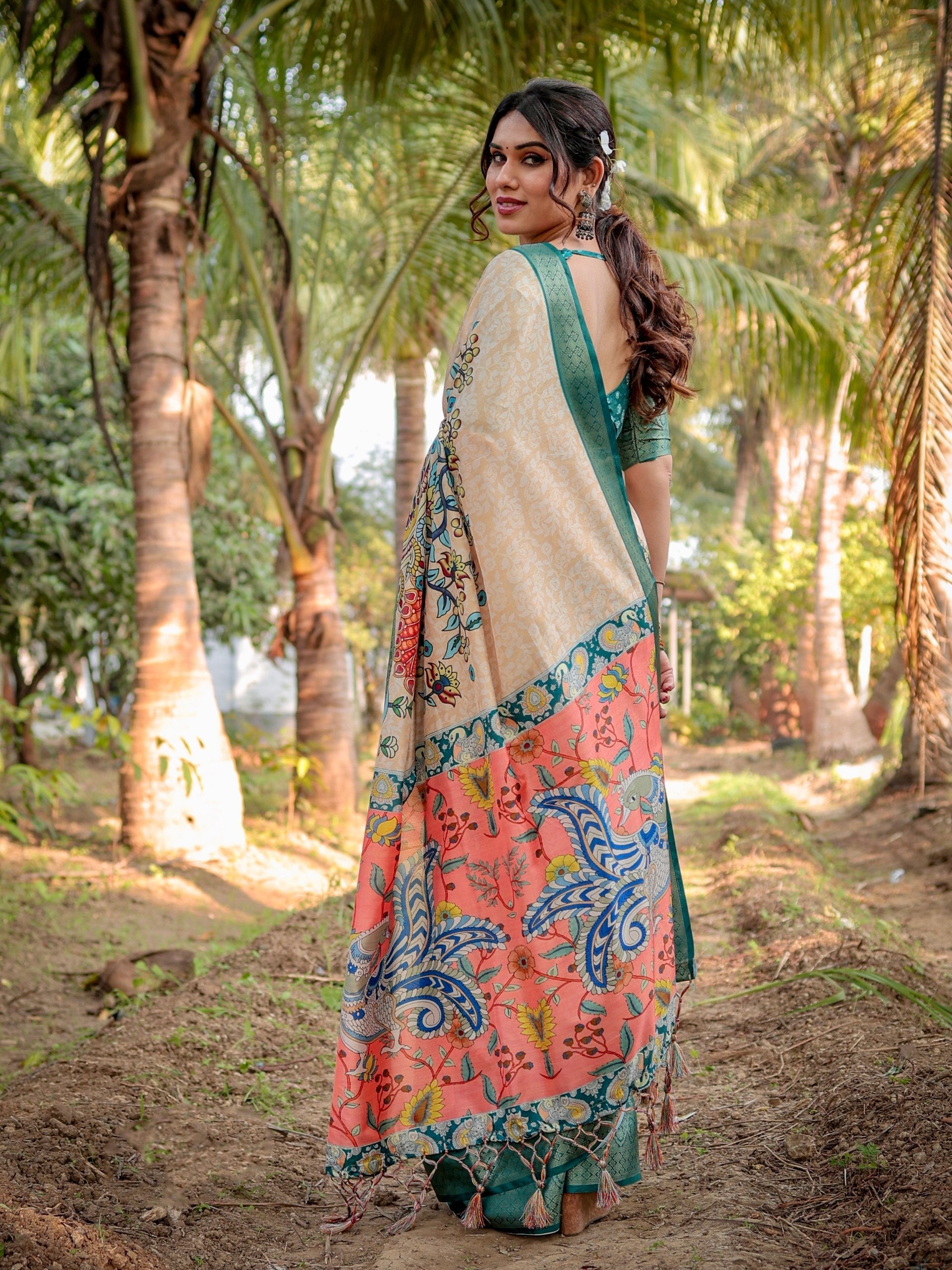 Pine Green & Beige Floral Printed Cotton Silk Saree