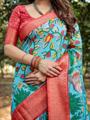 Turquoise Sky Blue Color Floral Printed Cotton Silk Saree