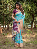Cream & Sky Blue Floral Printed Cotton Silk Saree