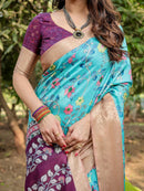 Cream & Sky Blue Floral Printed Cotton Silk Saree
