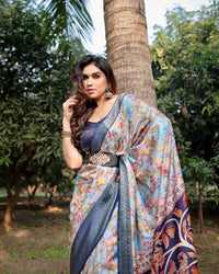 Light Grey & Blue Floral Printed Cotton Silk Saree
