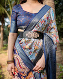 Light Grey & Blue Floral Printed Cotton Silk Saree