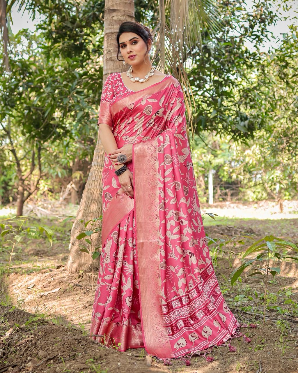 Amaranth Red Floral Printed Cotton Silk Saree