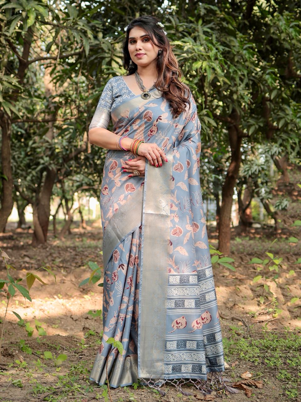 Dark Grey Floral Printed Cotton Silk Saree