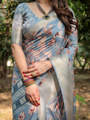 Dark Grey Floral Printed Cotton Silk Saree
