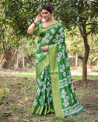 Kelly Green Floral Printed Cotton Silk Saree