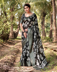 Black Floral Printed Cotton Silk Saree
