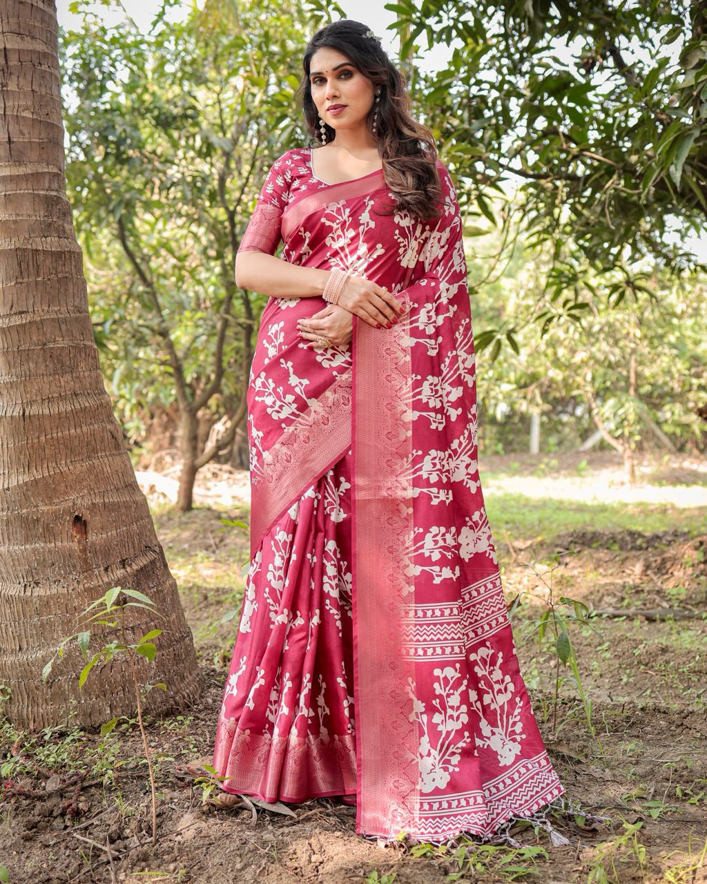 Deep Rose Floral Printed Cotton Silk Saree