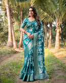 Teal Blue Floral Printed Cotton Silk Saree
