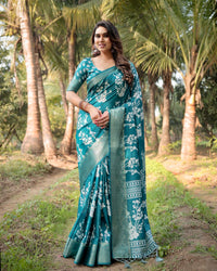 Teal Blue Floral Printed Cotton Silk Saree