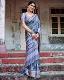 Dark Steel Blue Floral Printed Cotton Silk Saree