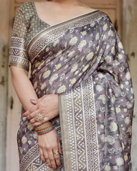 Light Grey Floral Printed Cotton Silk Saree