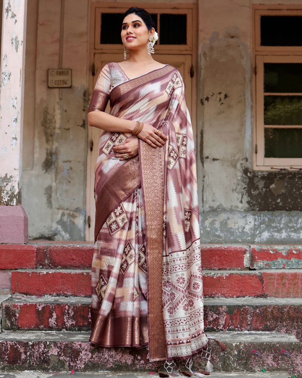 Brown Floral Printed Cotton Silk Saree
