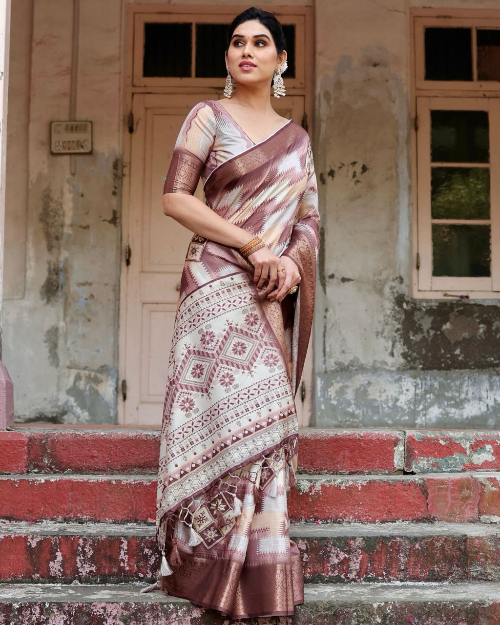 Brown Floral Printed Cotton Silk Saree