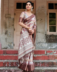 Brown Floral Printed Cotton Silk Saree