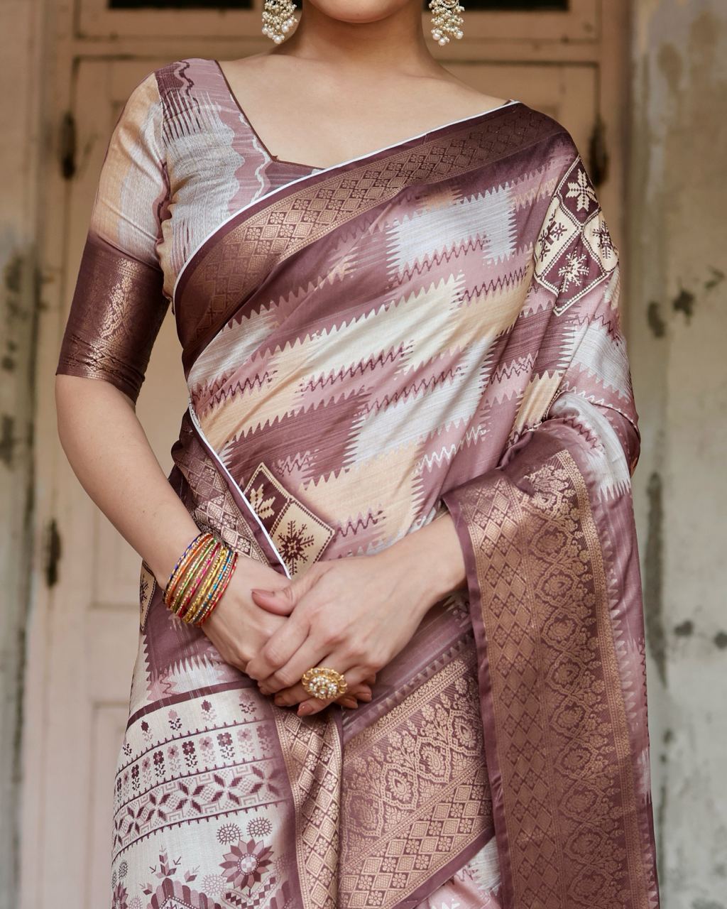 Brown Floral Printed Cotton Silk Saree