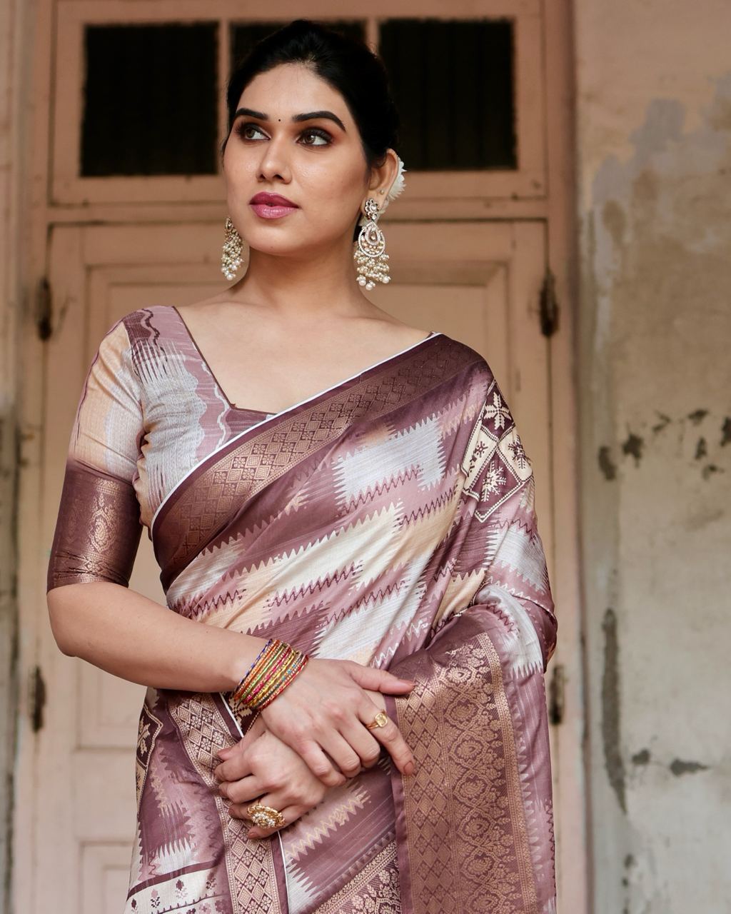 Brown Floral Printed Cotton Silk Saree