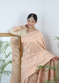 Cream Zari Woven Lichi Silk Saree