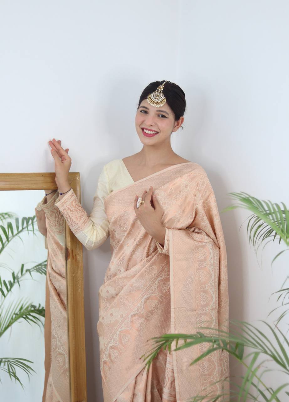 Cream Zari Woven Lichi Silk Saree