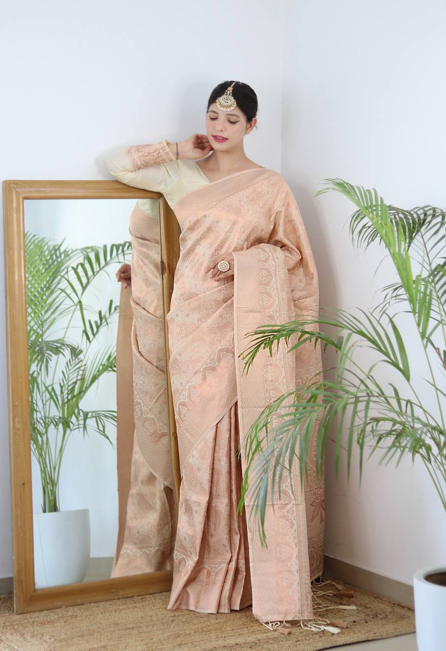 Cream Zari Woven Lichi Silk Saree