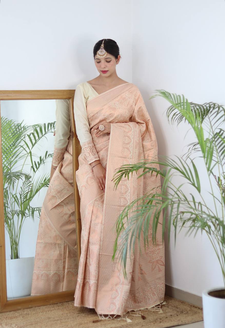 Cream Zari Woven Lichi Silk Saree