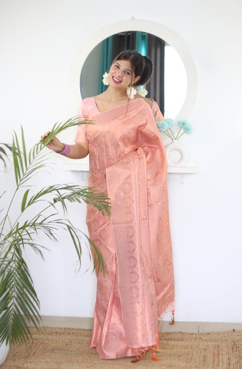 Cream Zari Woven Lichi Silk Saree
