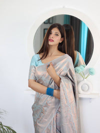 Cream Zari Woven Lichi Silk Saree