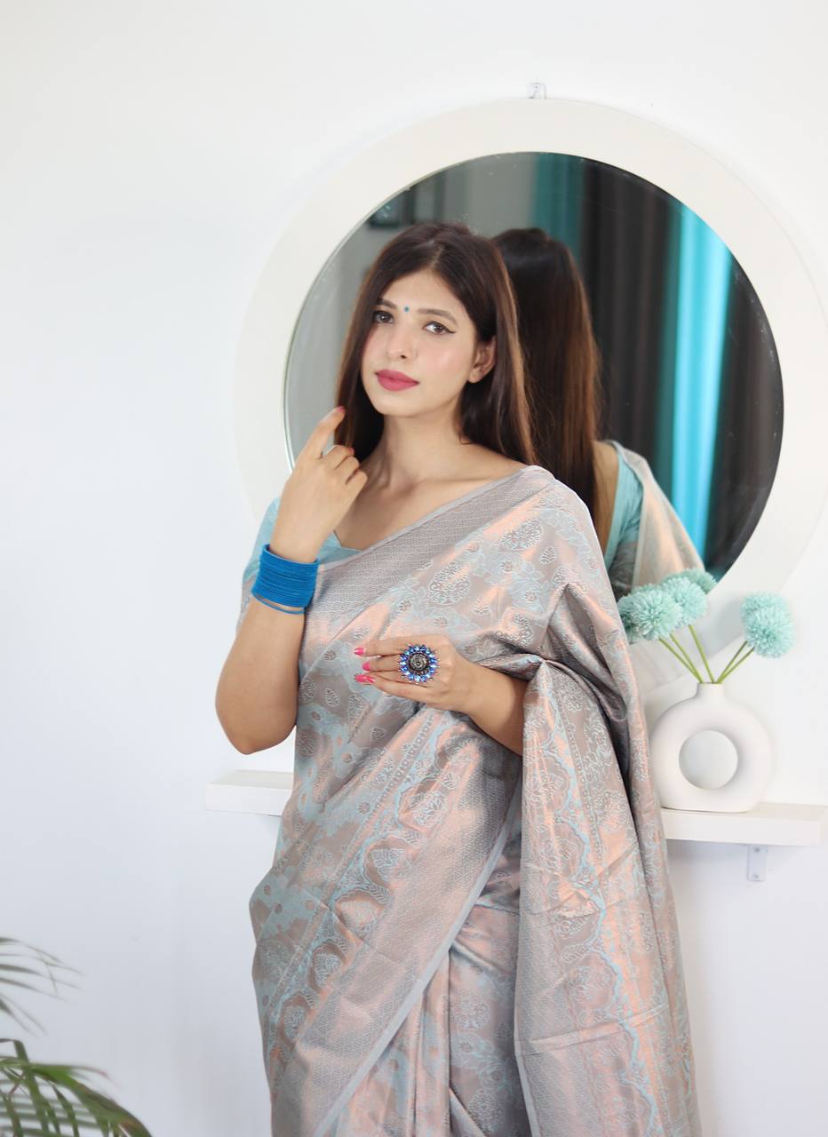 Cream Zari Woven Lichi Silk Saree
