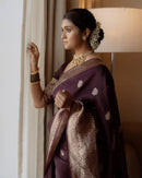 Praveena - Maroon Organza Silk Saree with Floral Zari Motifs and Brocade Border