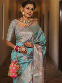 Vimla - Sky Blue Banarasi Silk Saree with Golden Paisley Weaving