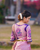 Bhagyashri – Pink Soft Banarasi Silk Saree with Jacquard Work and Contrast Embroidered Blouse