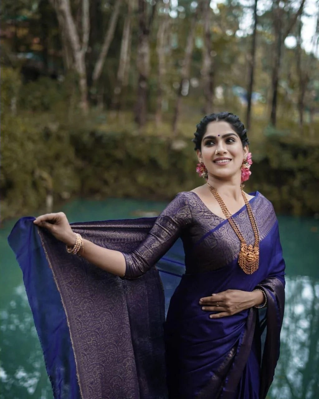 Nayira - Navy Blue Soft Silk Saree with Silver Zari Border and Matching Blouse