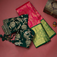 Leelavati – Pink Banarasi Silk Saree with Dual Green Blouse Pieces (Jacquard & Embroidered)