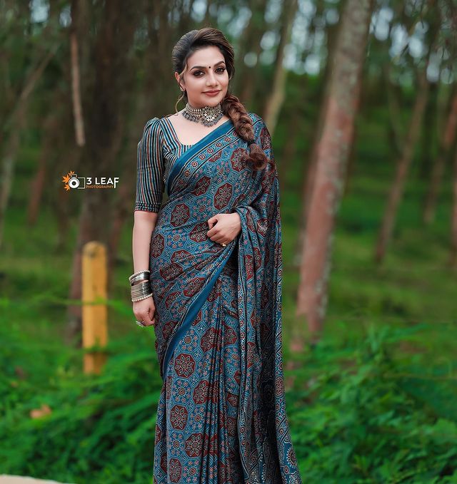 Gorgeous Wearing Ajrakh Hand Block Printed Modal Silk Saree