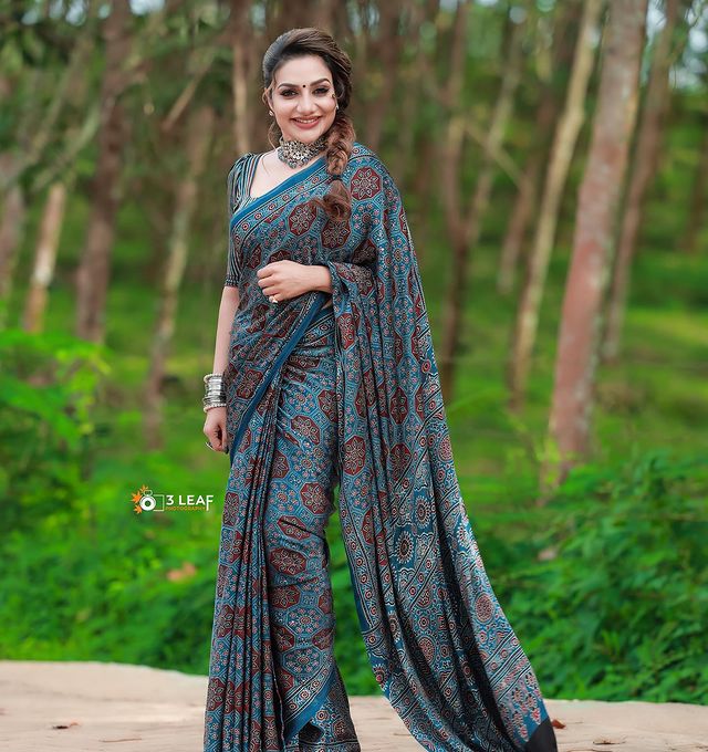 Gorgeous Wearing Ajrakh Hand Block Printed Modal Silk Saree
