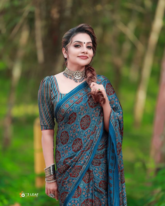 Gorgeous Wearing Ajrakh Hand Block Printed Modal Silk Saree