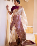 Bhagyam – Beige Soft Banarasi Silk Saree with Wine Jacquard Pallu